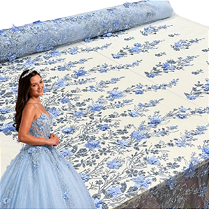 Tule Glitter Floral 3D Bordado LULU - 100% Poliéster 1,30m 250g/m² - Azul Serenity AZ-8