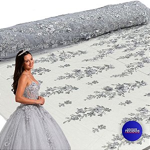 Tule Glitter Floral 3D Bordado LULU - 100% Poliéster  1,30m 250g/m² - Prata MA-13