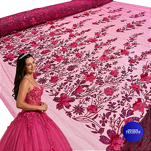 Tule Glitter Floral 3D Bordado LULU - 100% Poliéster  1,30m 250g/m² - Rosa Pink Ro-3