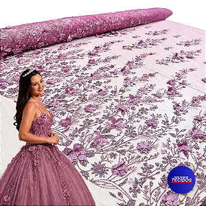 Tule Glitter Floral 3D Bordado LULU - 100% Poliéster  1,30m 250g/m² - Rosa Doce Ro-6