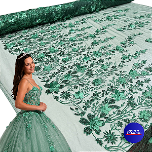 Tule Glitter Floral 3D Bordado LULU - 100% Poliéster  1,30m 250g/m² - Verde Esmeralda VD-15