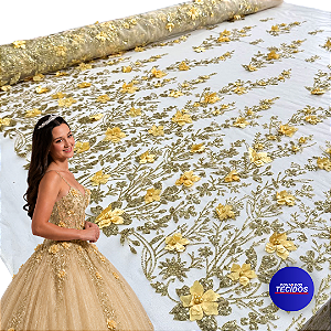 Tule Glitter Floral 3D Bordado LULU - 100% Poliéster  1,30m 250g/m² - Dourado AM-3