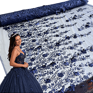 Tule Glitter Floral 3D Bordado LULU - 100% Poliéster  1,30m 250g/m² - Azul Marinho AZ-19
