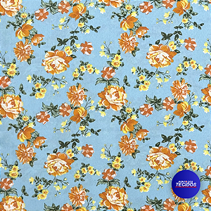 Tecido Oxford Estampado | 1m X 1,47 | Floral Laranja Fundo Azul HO3360-1