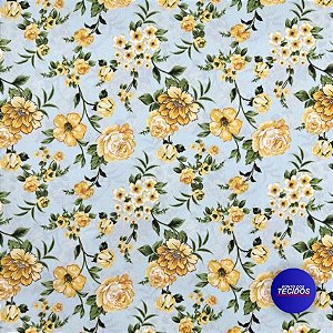 Tecido Oxford Estampado | 1m X 1,47 | Floral Amarelo Fundo Azul HO3917-2