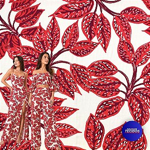 Tecido Viscose Estampada Digital - 1m X 1,50m - Folhas Vermelhas I7013A-UN