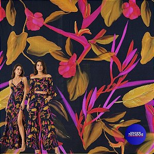 Tecido Viscose Estampada Digital - 1m X 1,50m - Tropical Fundo Preto I7141A-UN