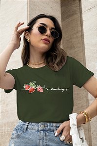 T-SHIRT MORANGOS STRANWBERRY DTF VERDE MILITAR