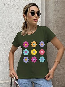 T-SHIRT FLORES MARGARIDAS DTF VERDE MILITAR