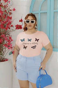 T-SHIRT PLUS SIZE HAPPINESS BORBOLETAS DTF ROSA BEBÊ XG