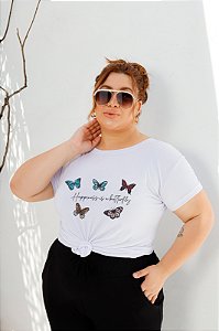 T-SHIRT PLUS SIZE HAPPINESS BORBOLETAS DTF BRANCO XG