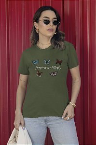 T-SHIRT HAPPINESS BORBOLETAS DTF VERDE MILITAR