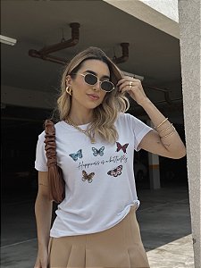 T-SHIRT HAPPINESS BORBOLETAS DTF BRANCO
