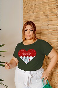 T-SHIRT PLUS SIZE ONDAS CORAÇÃO NEW YORK DTF VERDE MILITAR XG