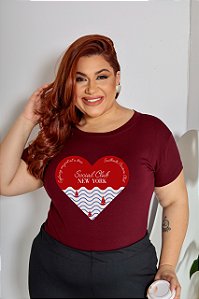 T-SHIRT PLUS SIZE ONDAS CORAÇÃO NEW YORK DTF MARSALA XG