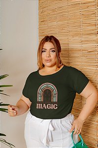 T-SHIRT PLUS SIZE MAKE MAGIC ARCO-IRÍS DTF VERDE MILITAR XG