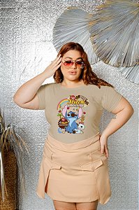 T-SHIRT PLUS SIZE STITCH ARCO-IRIS DTF BEGE XG