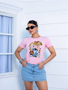 T-SHIRT STITCH ARCO-IRIS DTF ROSA BEBÊ