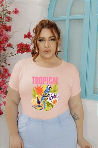 T-SHIRT PLUS SIZE ARARA TROPICAL DTF ROSA BEBÊ XG