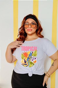 T-SHIRT PLUS SIZE ARARA TROPICAL DTF BRANCO XG
