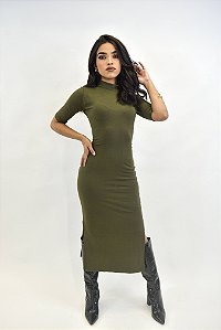 VESTIDO MIDI GOLA ALTA VERDE MILITAR