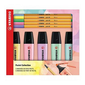 Estojo Canetas Hidrográficas Point 88 + Marca Texto Boss Stabilo c/ 10 Unidades Cores Pasteis