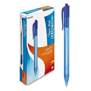 Caneta Retrátil Esferográfica Paper Mate Kilometrica 100 Rt Azul CX C/ 12 Un