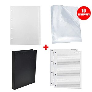 Kit 01 Divisória 10 Projeções Branca + 01 Pasta Fichário 4 Argolas Preto + 10 Envelopes Plástico 4 Furos + 02 Blocos Fichário Branco C/96 FL