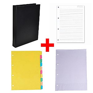 Pasta Fichário 4 Argolas + Bloco 96 Fls + Divisória Colorida + Envelope Plástico