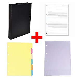 Pasta Fichário 4 Argolas + Bloco 96 Fls + Divisória Colorida + Envelope Plástico