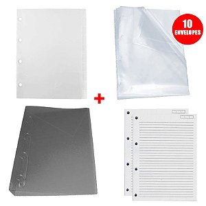 Kit 01 Divisória 10 Projeções Branca + 01 Pasta Fichário 4 Argolas Fume + 10 Envelopes Plástico 4 Furos + 02 Blocos Fichário Branco C/96 FL