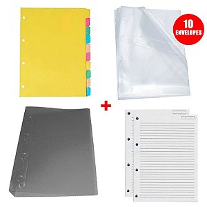 Kit 01 Divisória 10 Projeções Colorida + 01 Pasta Fichário 4 Argolas Fume + 10 Envelopes Plástico 4 Furos + 02 Blocos Fichário Branco C/96 FL