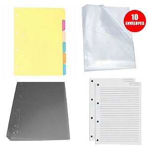 Kit 01 Divisória 6 Projeções Colorida + 01 Pasta Fichário 4 Argolas Fume + 10 Envelopes Plástico 4 Furos + 02 Blocos Fichário Branco C/96 FL