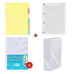 Kit Divisória 6 Projeções Colorida + Pasta Fichário A4 Branco + Envelope Plástico A-4 13 Furos PCT C/50 UN + Bloco Fichário Branco Oficio C/96 FL