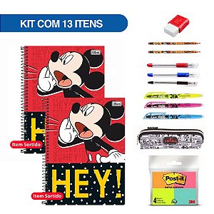 Kit Material Escolar + Caderno Universitário 1 Matéria Mickey 96 FL - 13 Itens