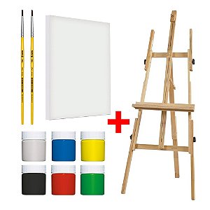 Cavalete Pintura + 5 Telas + Pincel + Tinta Guache