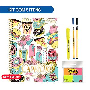 Kit Material Escolar + Caderno Universitário 1 Matéria Capricho 96 FL - 5 Itens