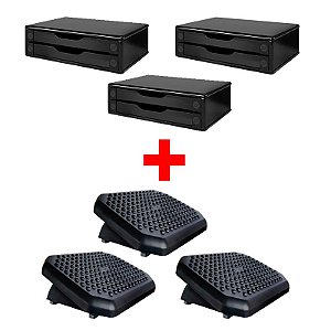 Kit 03 Apoio P/ Pés + 03 Suporte Monitor Black 2 Gavetas