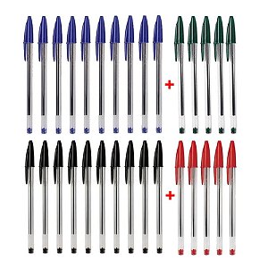 Kit 30 Canetas Esferografica Bic Cristal Azul + Preta + Vermelha + Verde