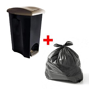 Kit 01 Lixeira Plastica 33L Retangular c/Pedal 3x1 Ecoblack + Saco de Lixo Preto C/100 Unidades
