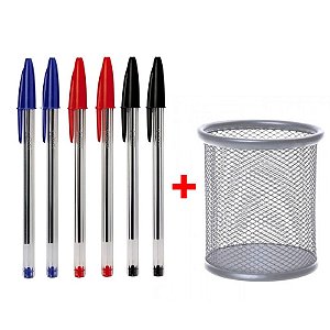 Kit 06 Canetas Bic Cristal Azul + Preta + Vermelha + Porta Lapis Kaz