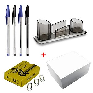 Kit 04 Canetas BIC Cristal 1.0 + 01 Caixa Clips 2/0 C/100 UN + 01 Pct C/1000 Folhas Papel Lembrete + 01 Porta Lápis/Clips/Lembretes Fumê
