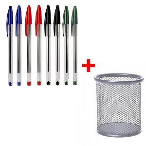 Kit 08 Caneta Esferográfica Bic Azul + Preta + Vermelha + Verde + Porta Lapis KZ08244