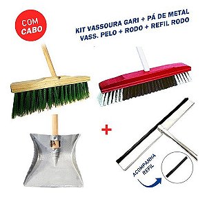 Kit Vassoura Gari 60cm + Vassoura de Pelo 60cm + Rodo 60cm + Refil Rodo 60cm + Pá De Metal