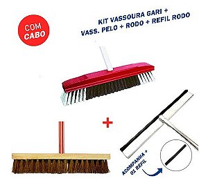 Kit Vassoura Gari 60cm + Vassoura de Pelo 60cm + Rodo Puxa Seca 60cm + Refil Rodo 60cm
