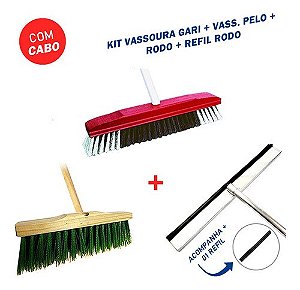 Kit Vassoura Gari Prefeitura 40cm + Vassoura de Pelo 40cm + Rodo Puxa Seca 40cm + Refil Rodo 40cm