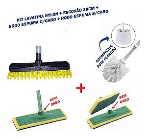 Kit Lavatina com Pote + Rodo Espuma com Cabo + Rodo Espuma sem Cabo + Escovão Nylon 30cm