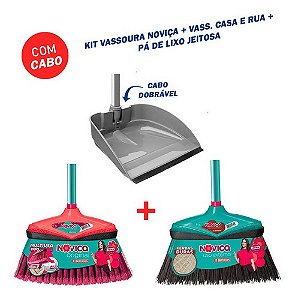 Kit Vassoura Noviça + Vassoura Casa E Rua + Pá De Lixo Jeitosa