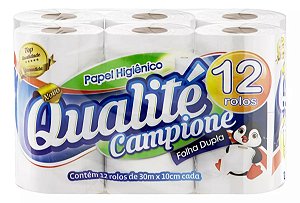 Papel Higiênico Branco Folha Dupla Qualité Campione 30m - Leve 12, Pague 11