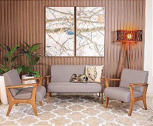 Conjunto de Poltronas Estofadas para Sala em Madeira Maciça Cléo Cinza Escuro - Straub Web